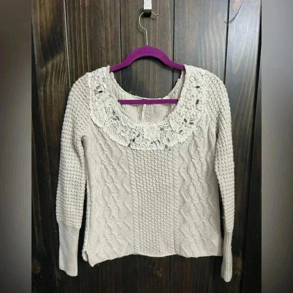 Free People Cropped Ivory Embellished Beaded Lace Wool Blend Sweater S/P